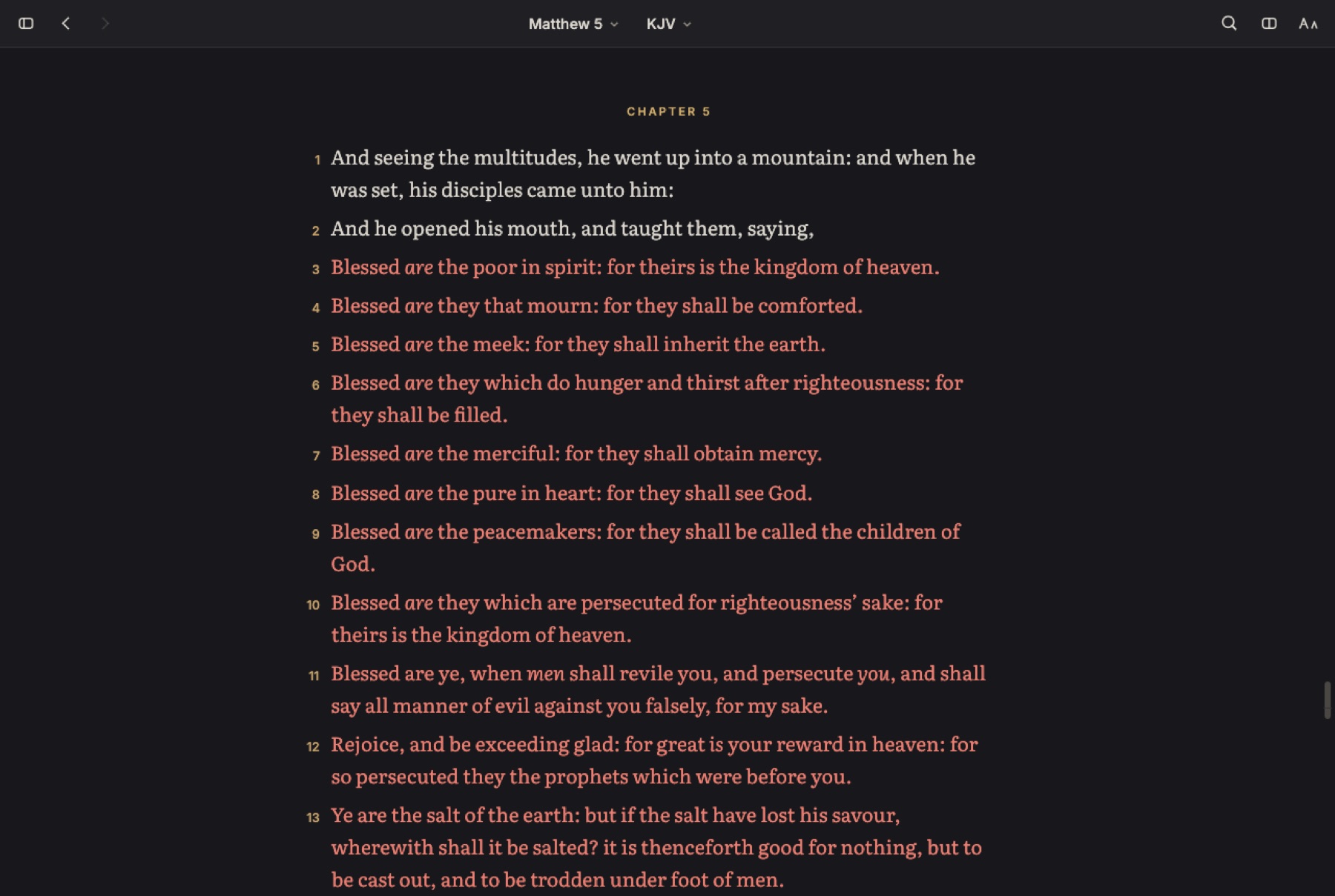 Matthew 5 open in Bible, dark theme